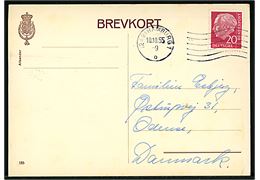 Dansk 20 øre Fr. IX helsagsbrevkort (fabr. 185) frankeret med tysk 20 pfg. og sendt fra Hamburg d. 10.10.1955 til Odense, Danmark.